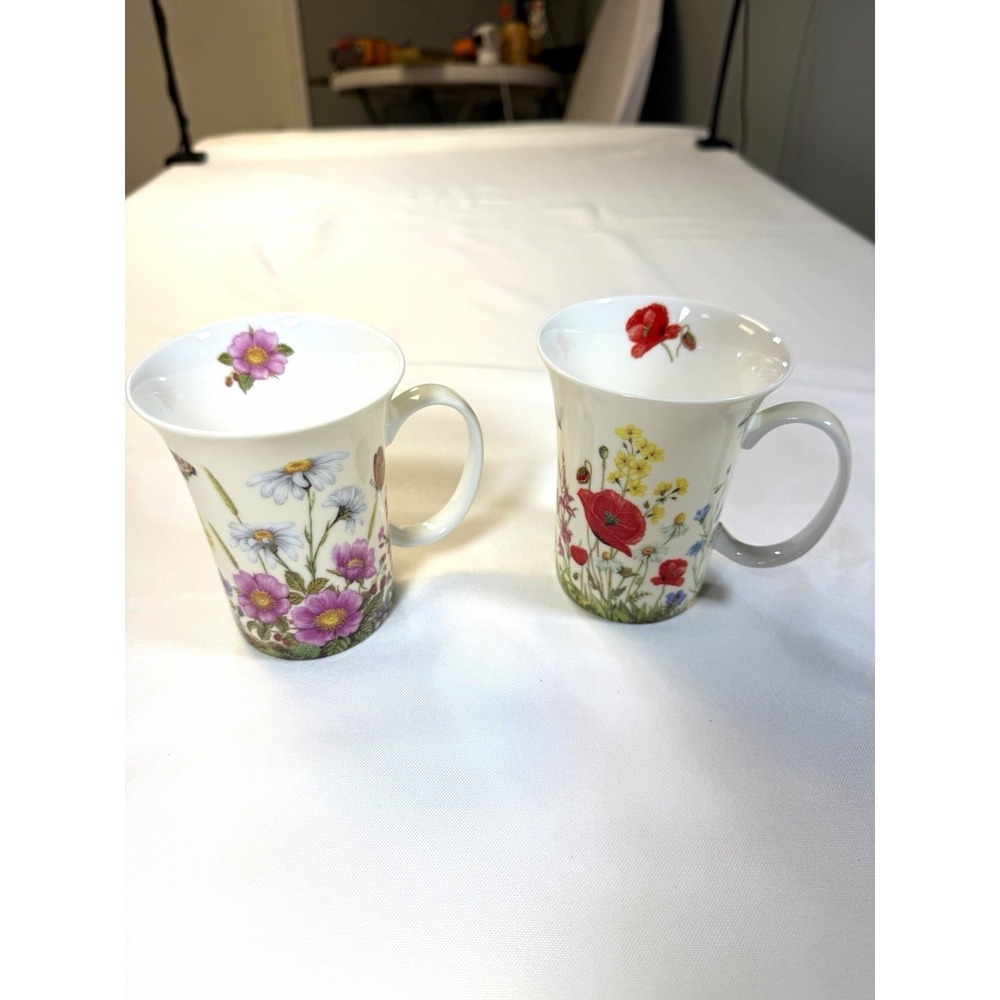 Stechcol Gracie Bone China Wildflower Poppies Mugs Set of 2 Spring Floral 10oz